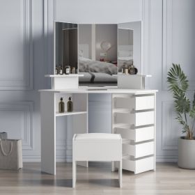 Corner Dressing Table Make Up Desk with Three-fold Mirror and 5 Rotary Large Capacity Dresser Wooden Bedroom Vanity Table