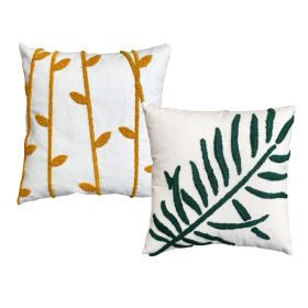 17 x 17 Inch 2 Piece Square Cotton Accent Throw Pillow Set; Leaf Embroidery; White; Green; Yellow