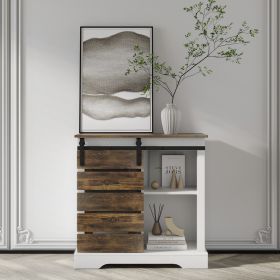 Side Cabinet Buffet Sideboard with Sliding Barn Door and Interior Shelves; White+Rustic dark oak