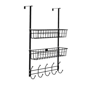 Over The Door Hooks Organizer Door Towel Rack Hanger 5 Hooks with 2 Metal Baskets for Bathroom Bedroom Kitchen Storage Shelf