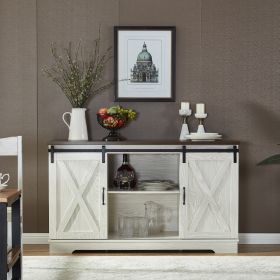 Buffet Sideboard/TV Stand / Storage Cabinet with 2 Sliding Barn Doors, Walnut+White Wash