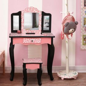 Kids' Wooden Vanity Table and Stool Set with 3 Mirrors; Princess Makeup Dressing Table; Children's Furniture