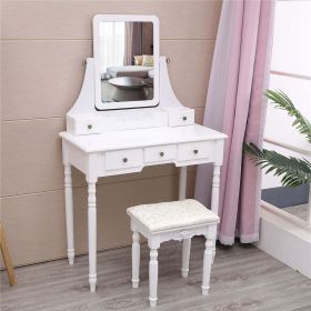 5 Drawer Dresser Set with Mirror and Upholstered Stool Makeup Dresser 2 Dividers Removable Organizer White