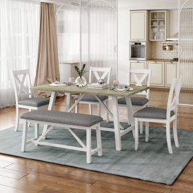 6 Piece Dining Table Set Wood Dining Table and chair Kitchen Table Set with Table;  Bench and 4 Chairs;  Rustic Style; White+Gray