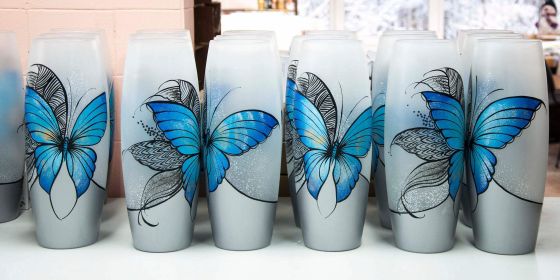 Blue butterfly floor Vase | Large Handpainted Glass Vase for Flowers | Room Decor | Floor Vase 16 inch