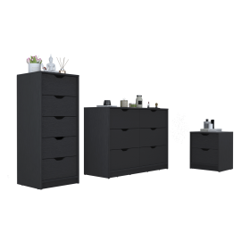 Stockley 3 Piece Bedroom Set, Nightstand + Dresser + Dresser, Black