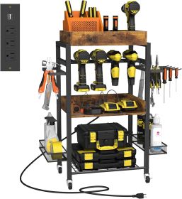 Power tool organizer storage cart with charging station, heavy duty metal utility cart for workshop