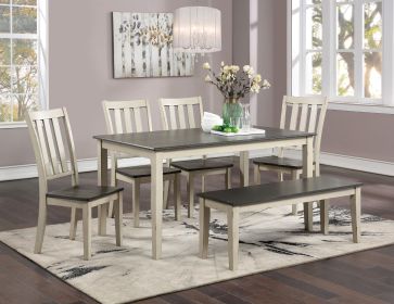 Transitional Dining Room Furniture 6pc Set Dual Tone Design Antique White / Gray Dining Table, Bench and 4x Side Chairs Solid wood Breakfast Kitchen