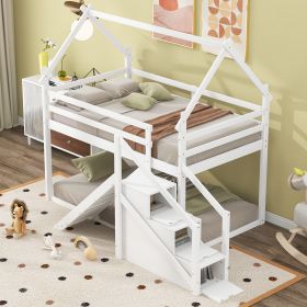 Twin over Twin House Loft or Bunk Bed with Slide and Staircase, White