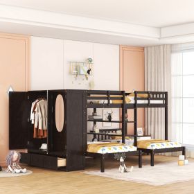 Full-Over-Twin-Twin Bunk Bed with Shelves, Wardrobe and Mirror, Espresso