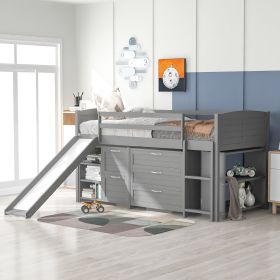 Low Twin Size Loft Bed with Cabinets, Shelves and Slide - Gray(OLD SKU :LP000503AAE)